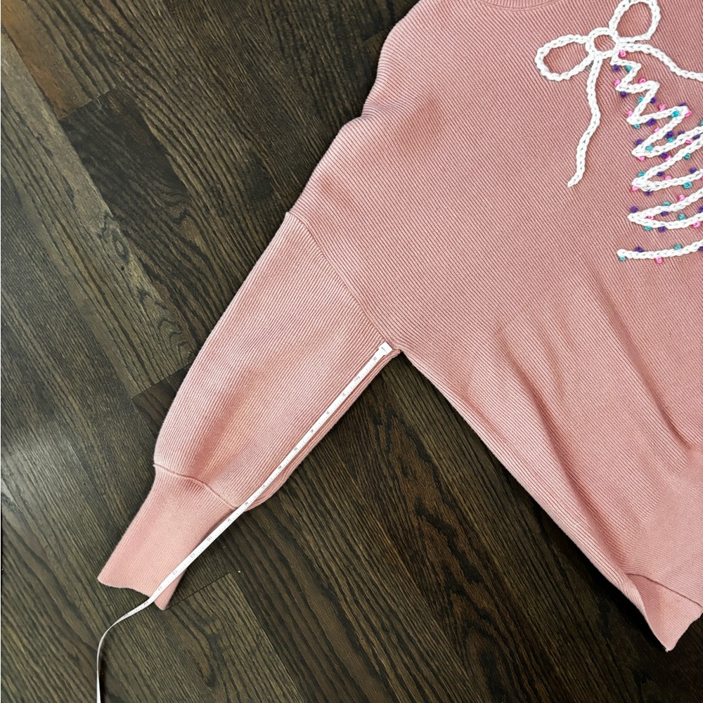 Hand Drawn and Embroidered Pink Holiday Bow Tree Sweater XL - Picture 8 of 10